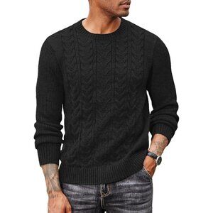 Coofandy Men Black Crewneck Pullover Twist Textured Fisherman Sweater